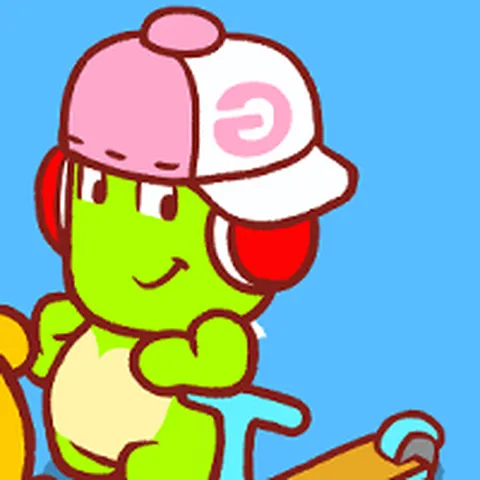 Greenie, a green dragon in a white-and-pink G cap and red headphones, with his scooter