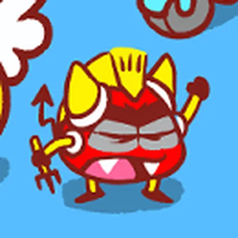 Mr. Devil, a small red devil with horns, a spiky yellow crest and a trident, grinning mischievously