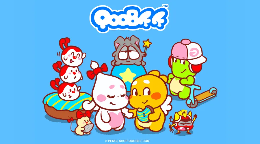 QooBee and friends together around a big donut: Milky, Tammy, Greenie, Jeanie, QooBee Agapi, Betty and Mr. Devil