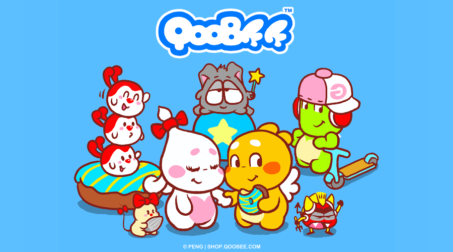 QooBee, Jeanie, the Milkys, Tammy, Greenie, Betty and Mr. Devil together on a blue background