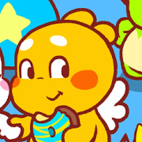 QooBee Agapi, the chubby yellow dragon cupid, holding a striped donut