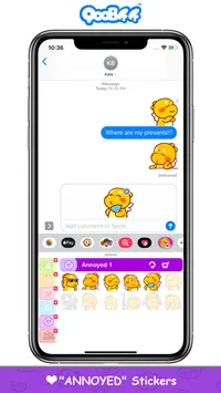 App Store screenshot: QooBee "Annoyed" stickers in an iMessage chat